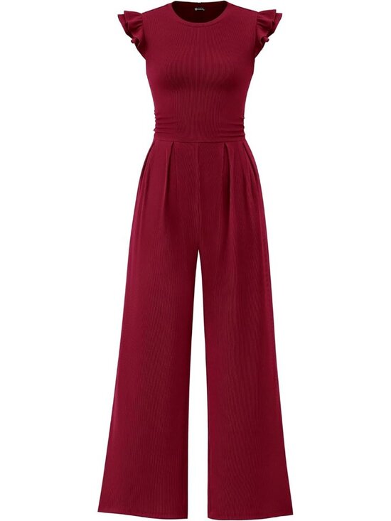 Pants - Women's Wine Red Fashion Ruffle Cap Sleeve Crew Neck Rib Knit One Piece Romper
